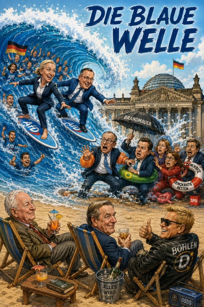 Karikatur Die blaue Welle: AfD-Surfer vor dem Reichstag, andere Parteien in Panik am Strand