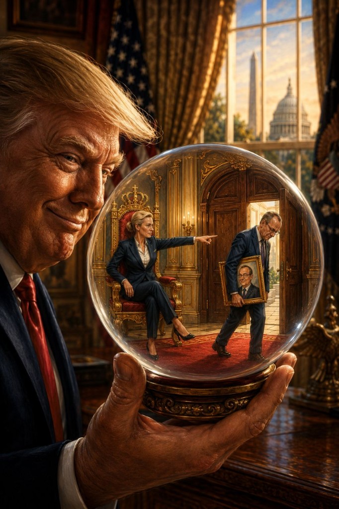 Karikatur: Donald Trump hält eine Glaskugel, darin weist Alice Weidel Friedrich Merz die Tür