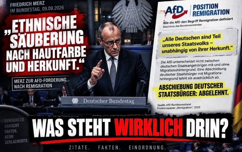 Gegenüberstellung: Merz-Zitat ethnische Säuberung und AfD-Positionspapier Remigration.