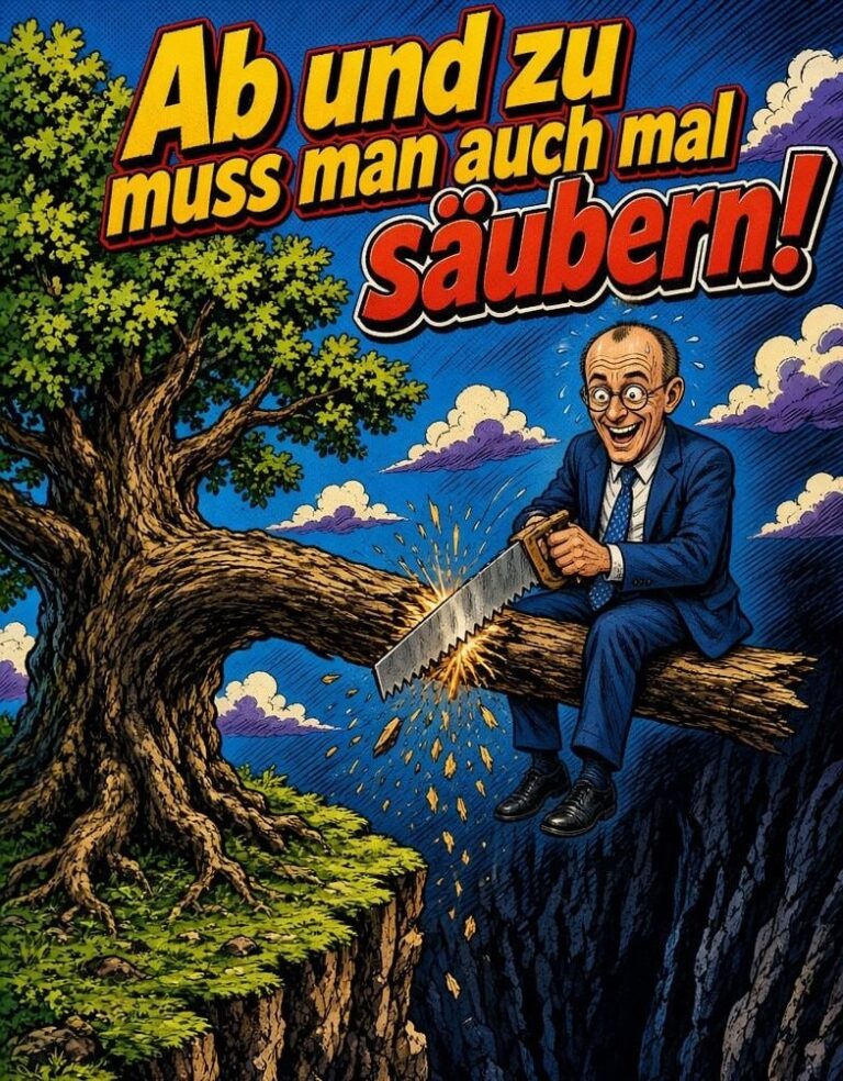 Karikatur: Friedrich Merz sägt den Ast ab, auf dem er sitzt. Schriftzug: Ab und zu muss man auch mal säubern!
