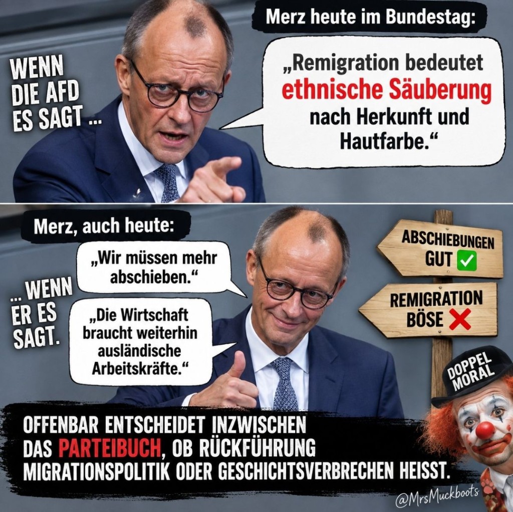 Karikatur Doppelmoral: Wenn die AfD Remigration sagt versus wenn Merz Abschiebungen fordert.
