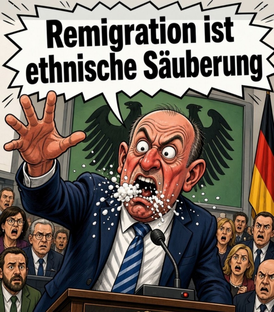 Karikatur: Friedrich Merz am Rednerpult, Sprechblase Remigration ist ethnische Säuberung.