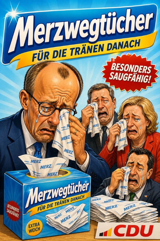 Karikatur Werbeanzeige Merzwegtücher für die Tränen danach, weinende CDU-Politiker