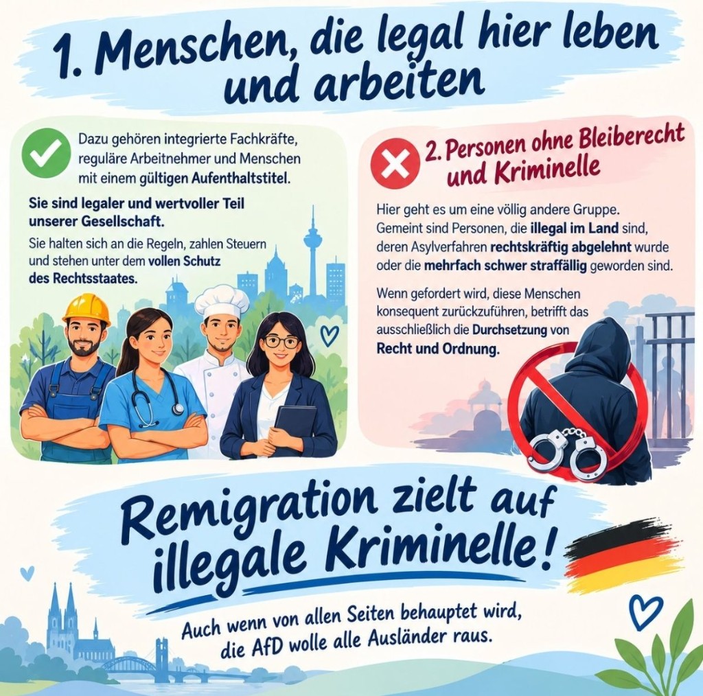 Infografik: Menschen mit legalem Aufenthalt versus Personen ohne Bleiberecht und Straftäter.