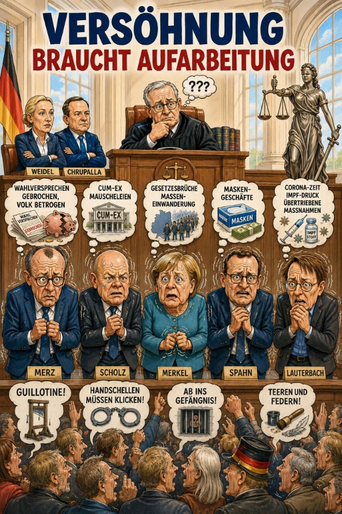 Karikatur Gerichtsszene: Politiker als Angeklagte, Publikum fordert Strafe, Titel Versöhnung braucht Aufarbeitung