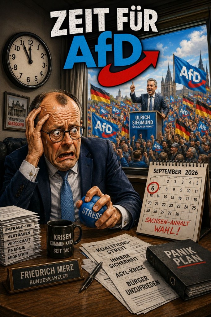 Karikatur: gestresster Bundeskanzler am Schreibtisch, draußen AfD-Kundgebung in Sachsen-Anhalt
