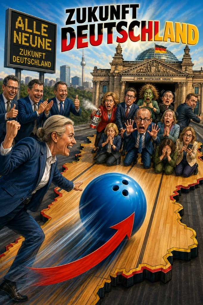 Karikatur Zukunft Deutschland: Bowlingbahn in Form der Deutschlandkarte, Strike gegen die etablierten Parteien